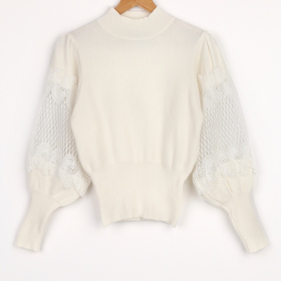Lulus Dearest Details White Mock Neck Lace Sleeve Sweater - Size M - Picture 1 of 10